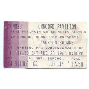 Vintage 1986 Jackson Browne Concert Stub Ticket Concord CA